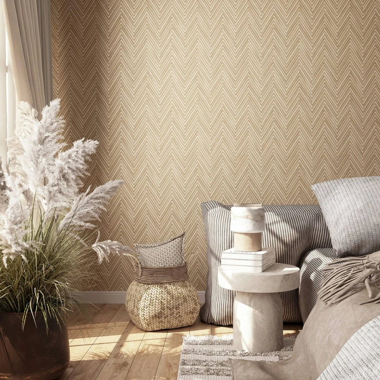 Vliestapete mit Fischgratmuster und Holzoptik beige Holzoptik 