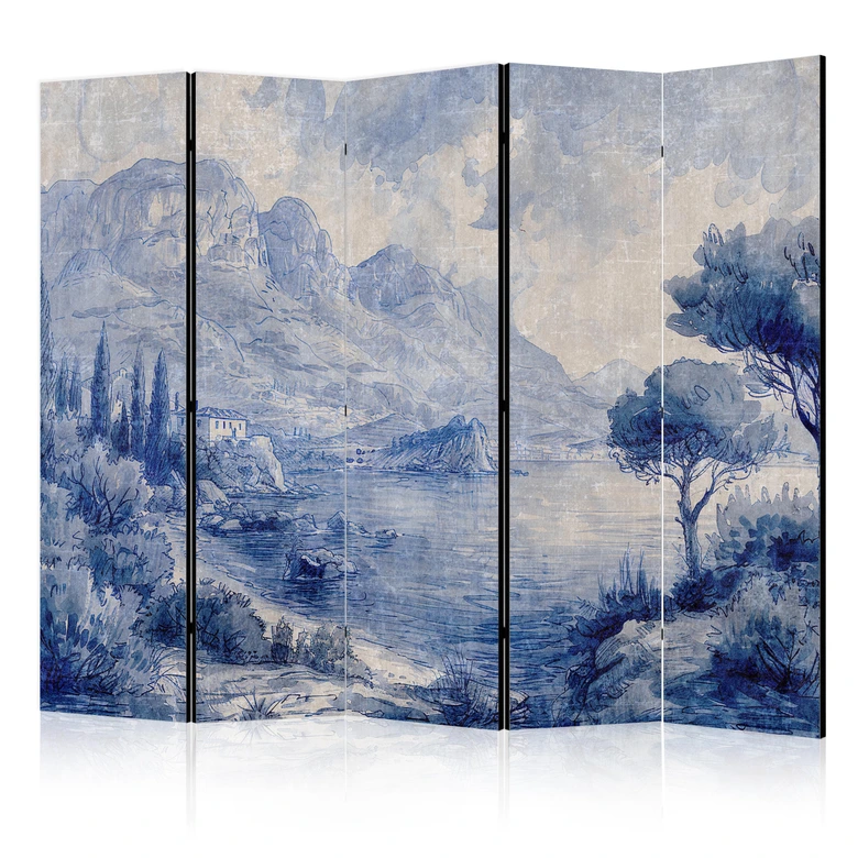 Paravent, Raumteiler freistehend, Trennwand - Italian Landscape - Lake Como Painted in Shades of Blue 
