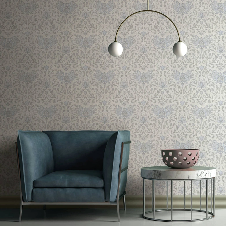 Vliestapete mit Blumen, Blätter ornamental glänzend grau, beige Floral 