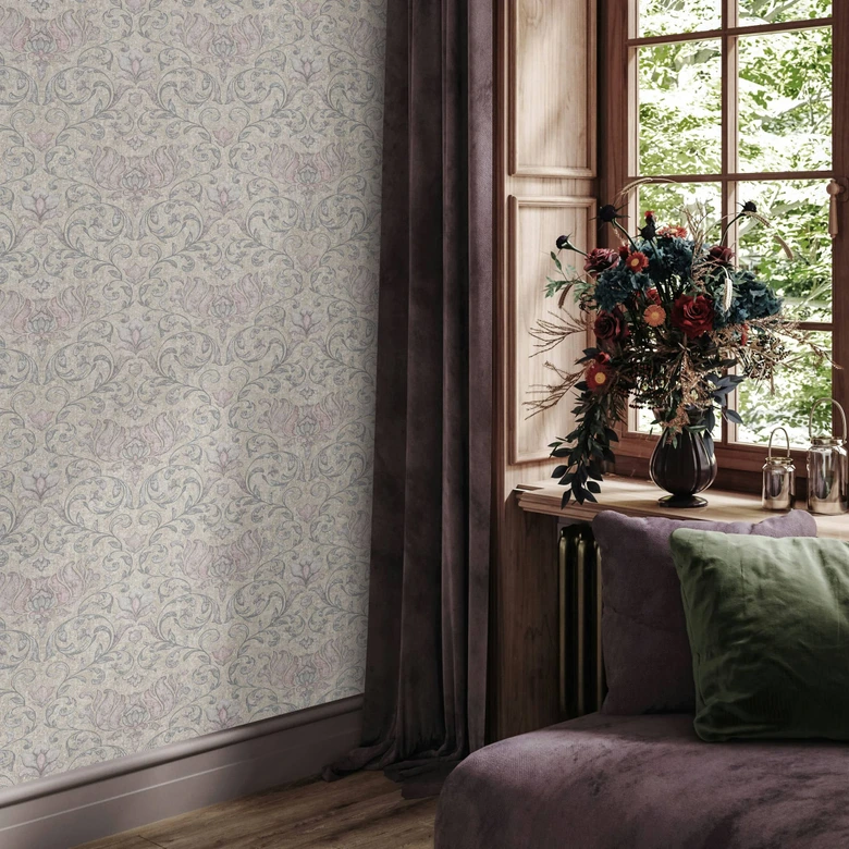 Vliestapete mit Blumen, Blätter ornamental glänzend beige, grau Floral 