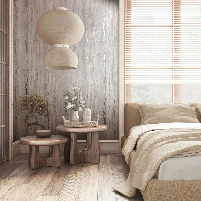 Vliesbehang met glanzende, grove structuur beige, grijze pleisterlook 