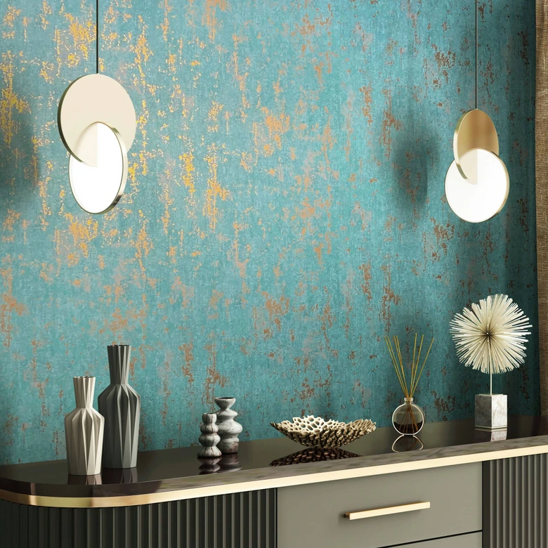 Vliestapete mit glänzender, grober Struktur grün Betonoptik 