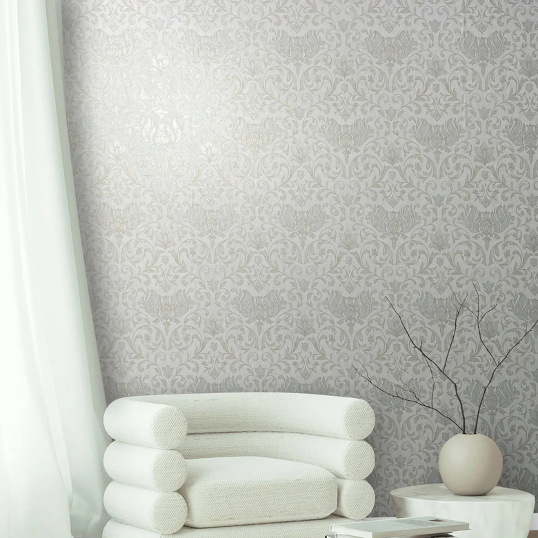 Vliestapete mit Blumen, Blätter ornamental glänzend weiß Floral 