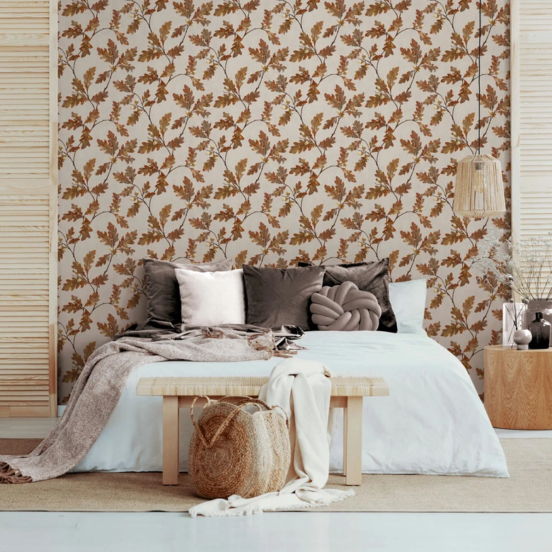 Vliestapete mit Blattmotiv mit Kastanien grau, braun Floral 