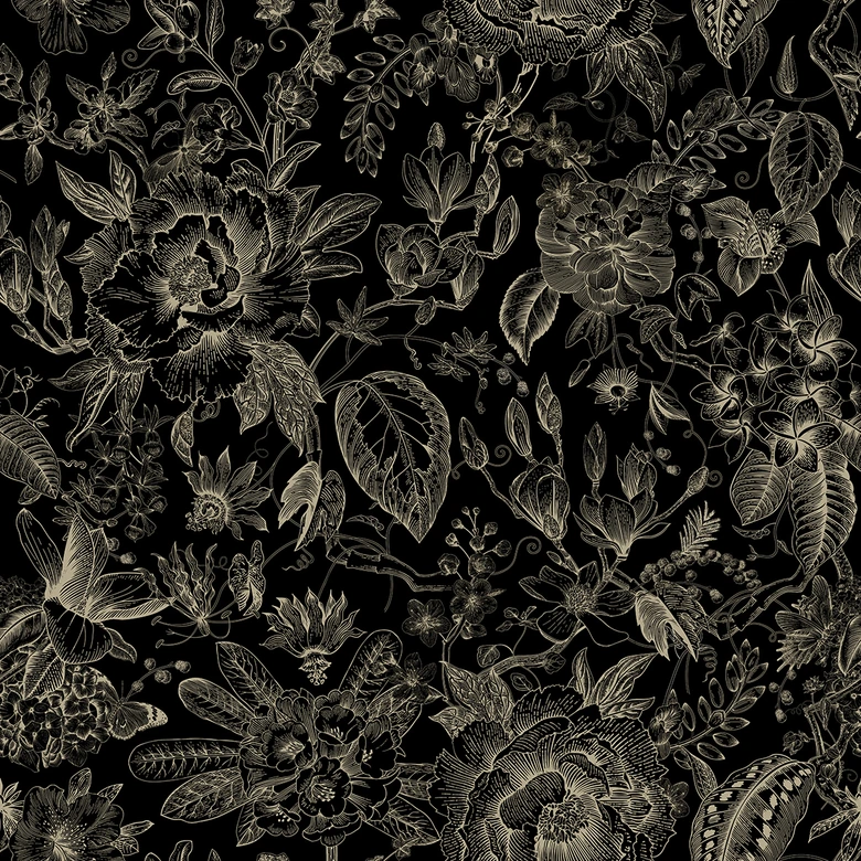 Non-woven wallpaper flowers, leaves floral nature matt in black  