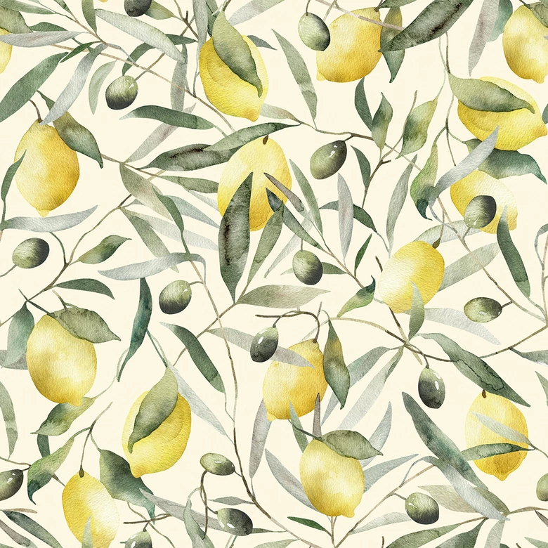 Vliestapete Zitronen, Blätter Floral Natur matt in Beige  