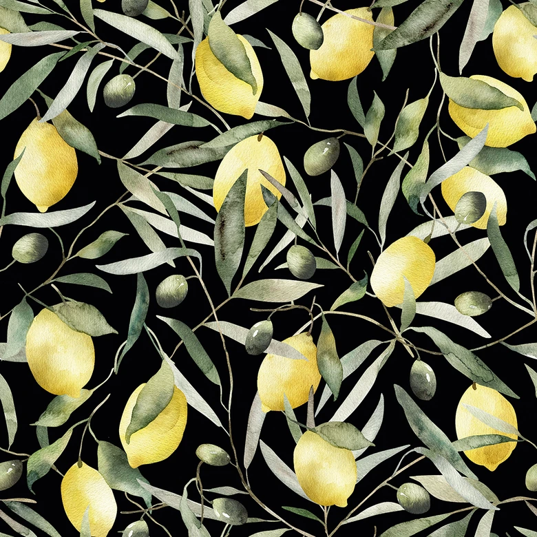 Vliestapete Zitronen, Blätter Floral Natur matt in Schwarz  