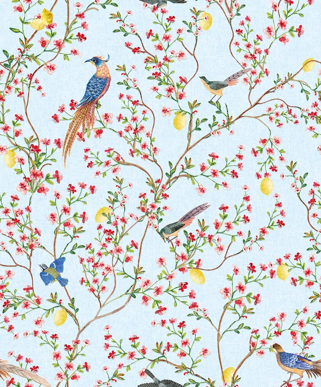 Vliesbehang vogels, bloemen bloemen natuur mat in blauw  