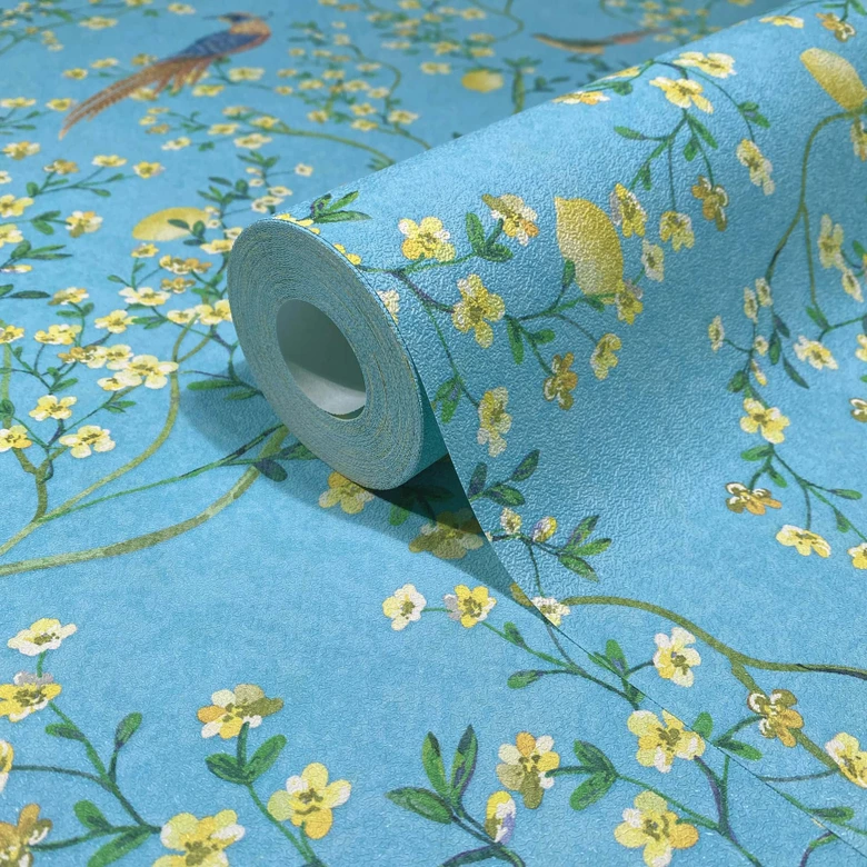 Non-woven wallpaper birds, flowers floral nature matt in blue  