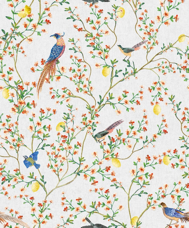 Non-woven wallpaper birds, flowers floral nature matt in gray  