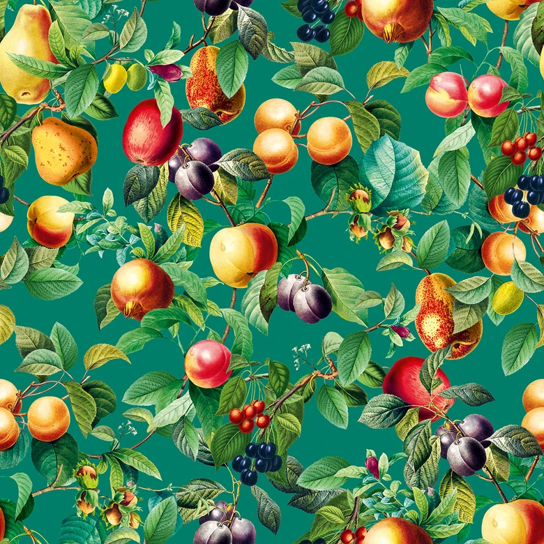 Papel pintado no tejido frutas, hojas naturaleza floral mate en verde  