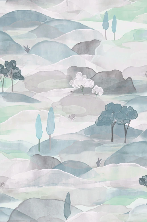 Vliestapete Landschaft Grafisch Natur matt in Weiß Grün Blau 