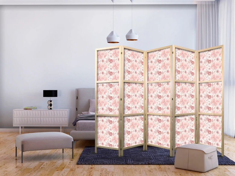 Japanischer Paravent, Raumteiler freistehend, Trennwand - Pink Blossoming on White Background 3-teilig 135x172 cm