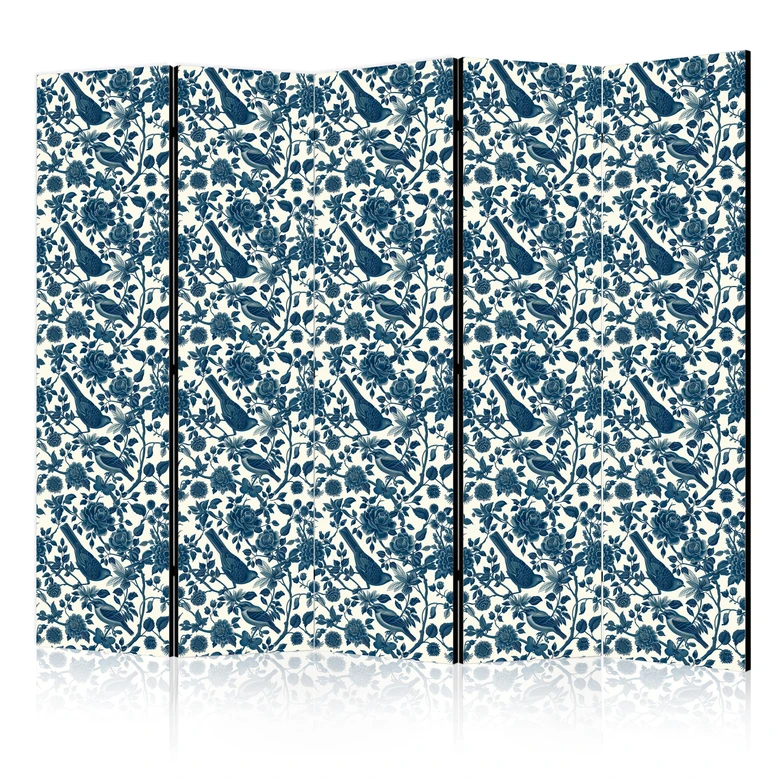 Paravent, Raumteiler freistehend, Trennwand - Rose Vines - Monochromatic Blue Birds Resting Among Roses 