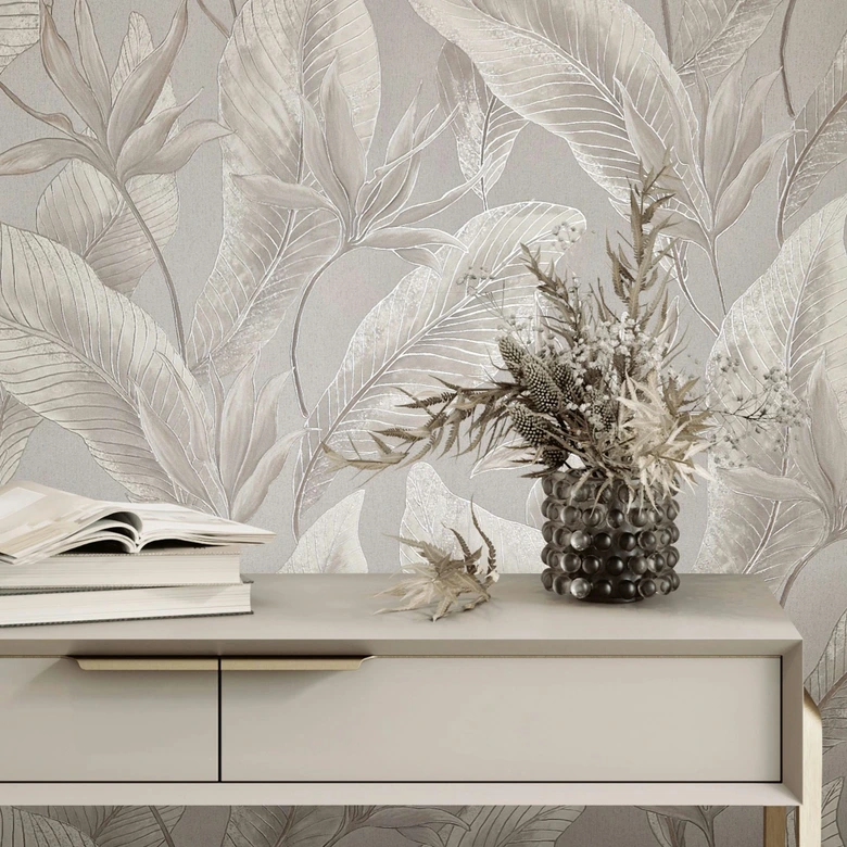 Non-woven wallpaper flowers, leaves floral nature in beige  