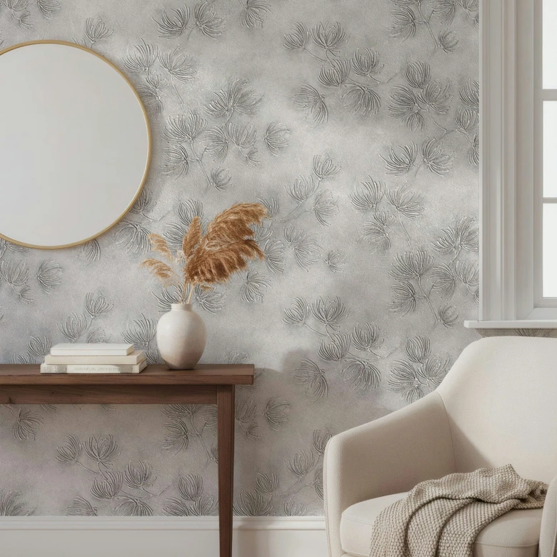 Vliestapete Blumen, Beton Floral Natur matt in Grau  