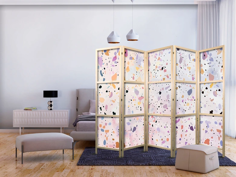 Japanischer Paravent, Raumteiler freistehend, Trennwand - Confetti-Style Terrazzo: Purple-Pink Pattern 
