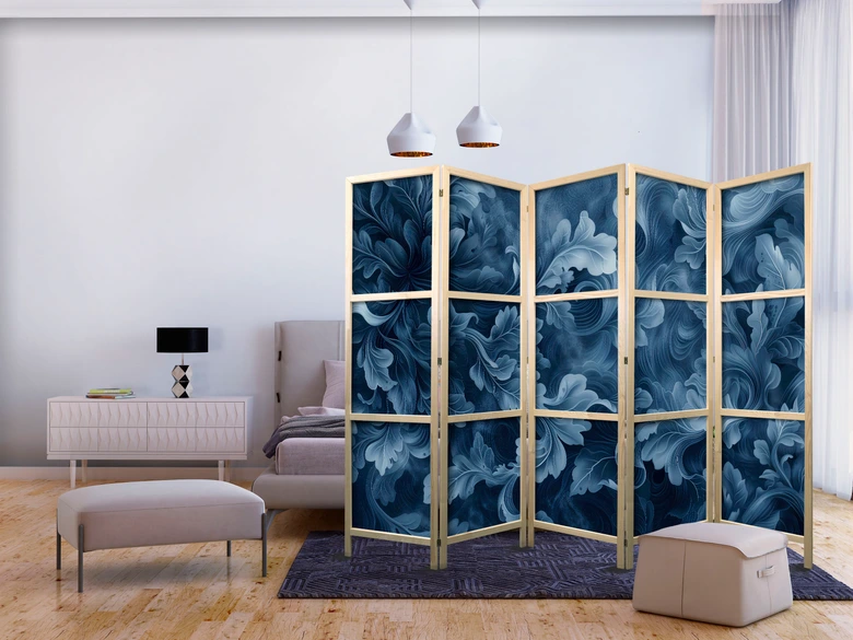 Japanischer Paravent, Raumteiler freistehend, Trennwand - Abstract Ornaments - Dark Blue Victorian Leaves 