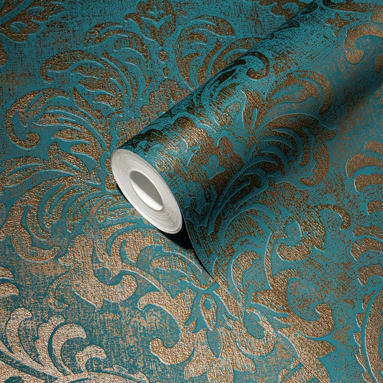Vliesbehang barok petrol, blauw, goud - vintage vliesbehang met ornamenten 