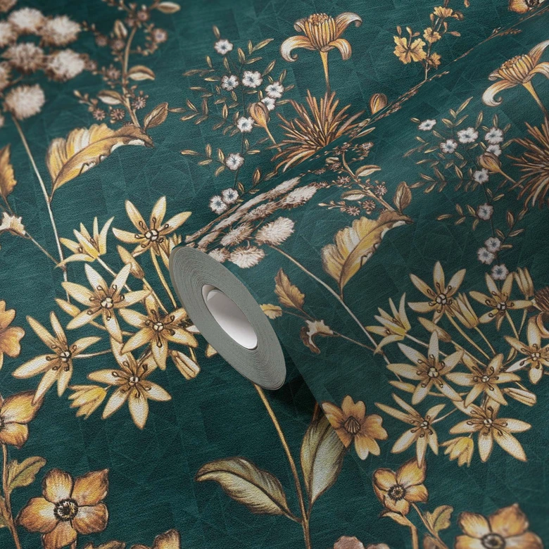 Papier peint fleuri Pétrole, jaune Vintage country papier peint Plantes, feuilles - Échantillon Papier peint intissé Fleurs 