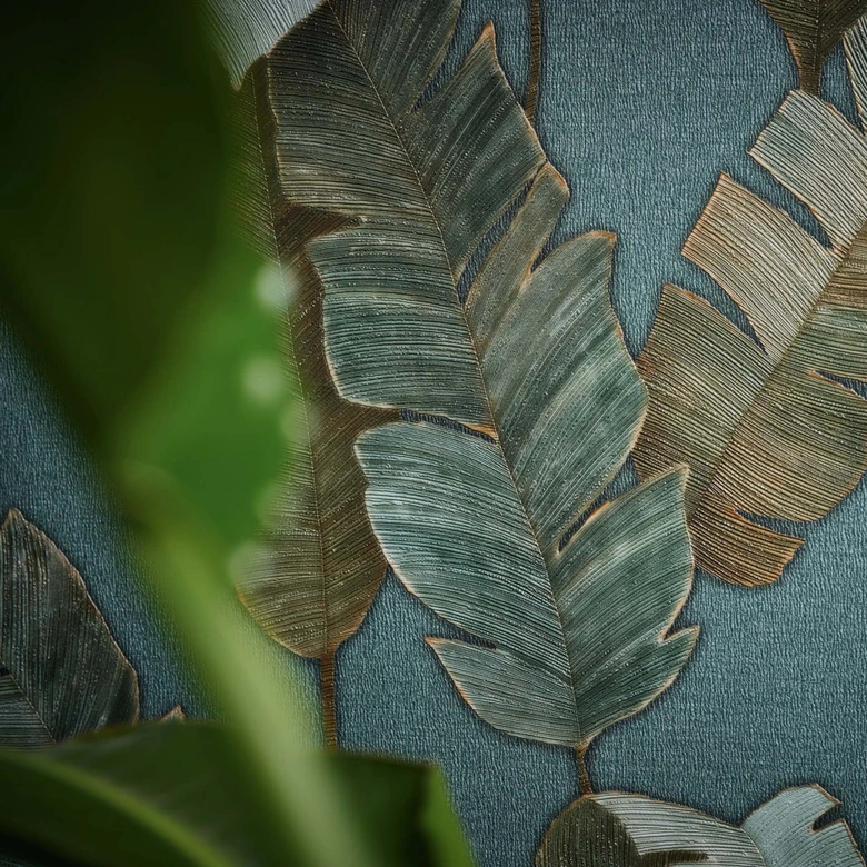 Papier peint jungle pétrole bleu Papier peint intissé palmiers feuilles Papier peint à motifs salon 