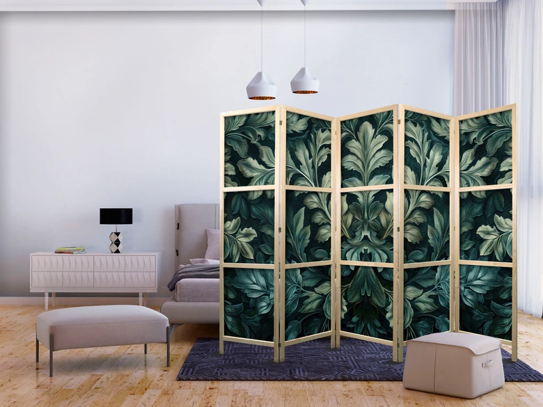 Japanischer Paravent, Raumteiler freistehend, Trennwand - Dark Green Victorian Leaves: Botanical Carving 