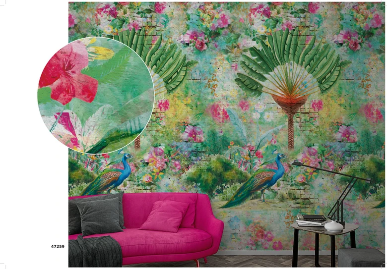 Fototapete mit Blumen und Pfau Grün, Rosa ,Steinoptik 2,70 x 1,59 m 