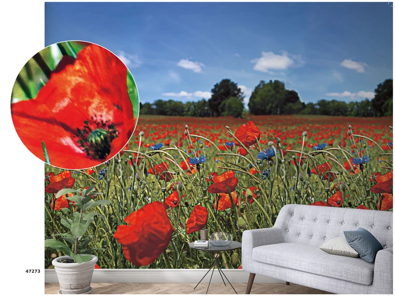 Bloemenweide en blauwe lucht behang Rood, Groen, Bloemig 2.70 x 1.59 m 