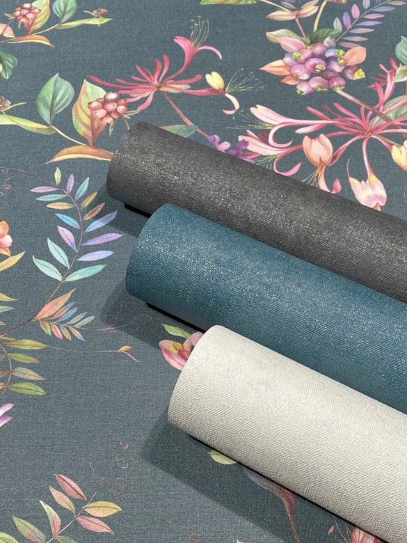 tapet, blomstret non-woven tapet Flora grå, blå 