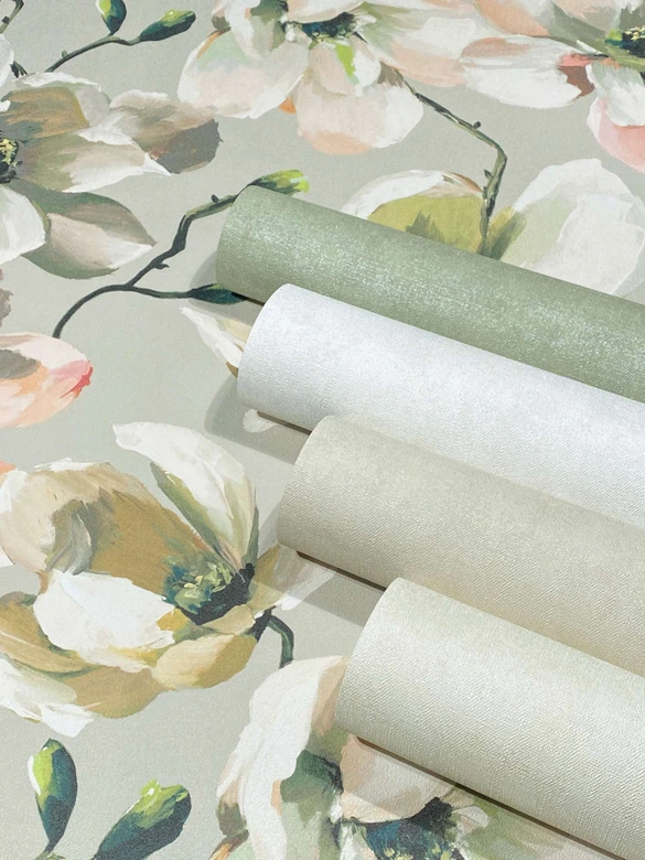 Vliestapete mit Blättern in gemaltem Stil beige, weiß Floral 