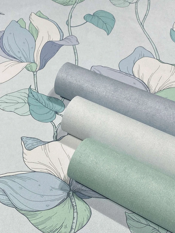 Vliestapete mit Comic-Blumen Look blau, grün Floral 