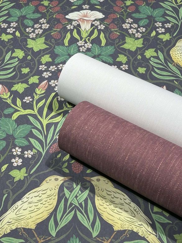 Icke-vävd tapet fåglar, blommor blommig natur i svart 