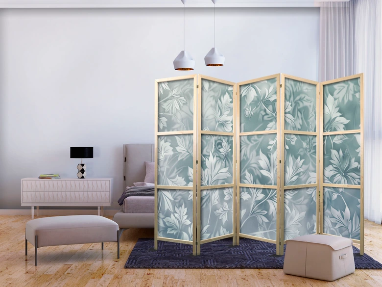 Japanischer Paravent, Raumteiler freistehend, Trennwand - Ornaments in Worn Muted Turquoises 