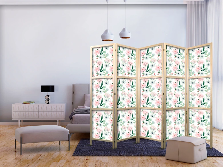 Japanischer Paravent, Raumteiler freistehend, Trennwand - Peonies on White Background 
