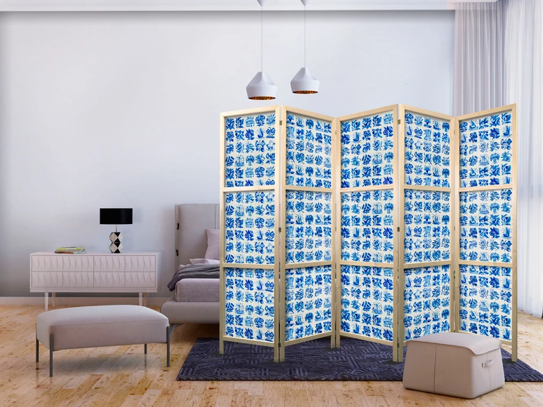 Japanischer Paravent, Raumteiler freistehend, Trennwand - Ceramic Tiles: Traditional Portuguese Blue 