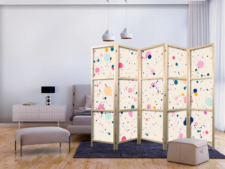 Japanischer Paravent, Raumteiler freistehend, Trennwand - Dots on a Light Pink Background 