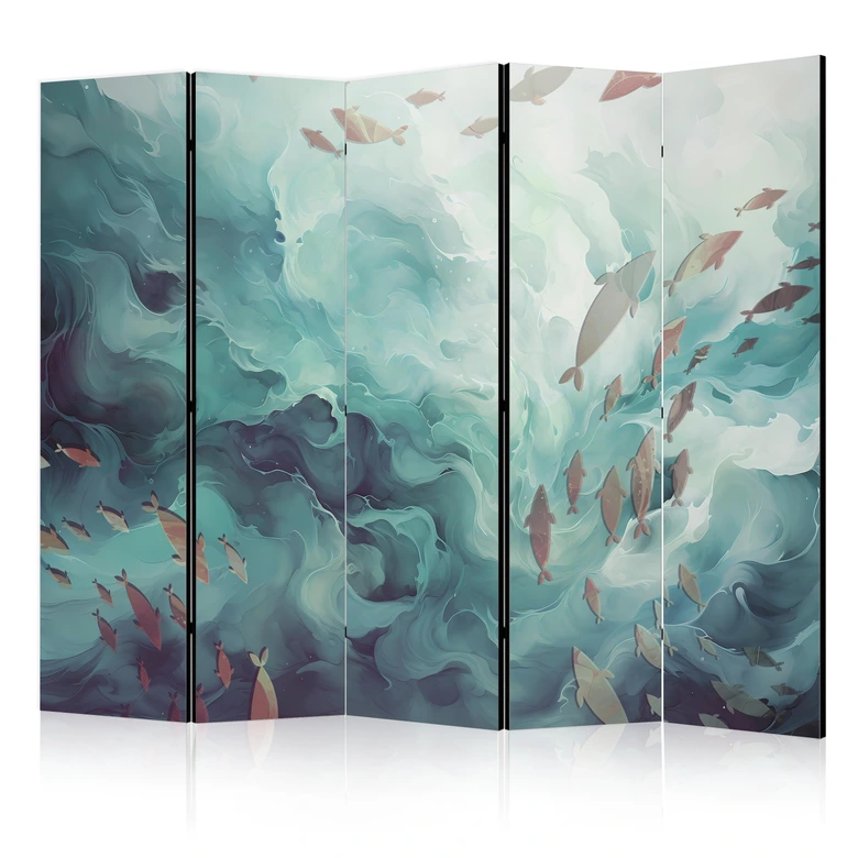 Paravent, Raumteiler freistehend, Trennwand - Fish in Muted Colors Swimming in Groups in Oceanic Depths 