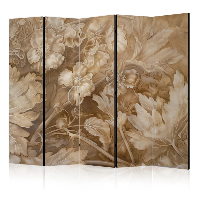 Paravent, Raumteiler freistehend, Trennwand - Carved Floral Ornaments in Soft Sepia and Brown Tones 