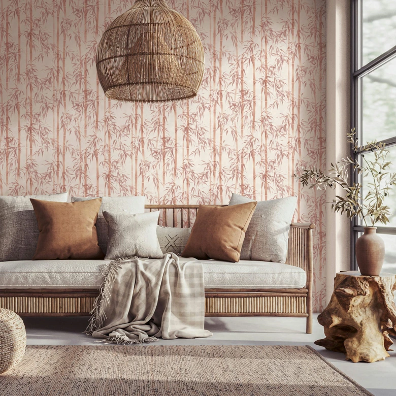 Vliestapete in beige, orange Bambus Blätter Floral Natur  