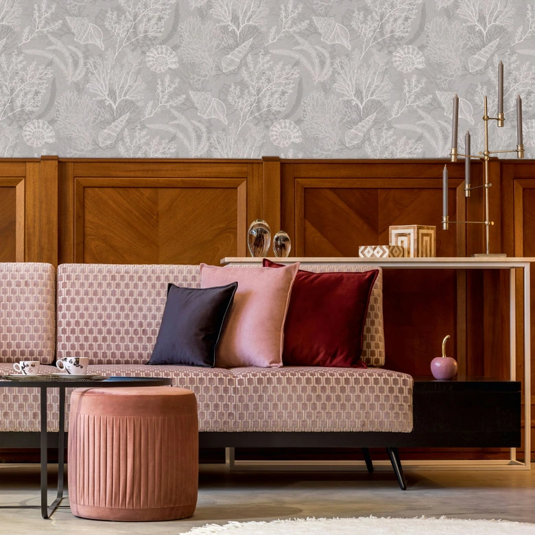 Papel pintado no tejido de conchas grises naturaleza gráfica submarina  