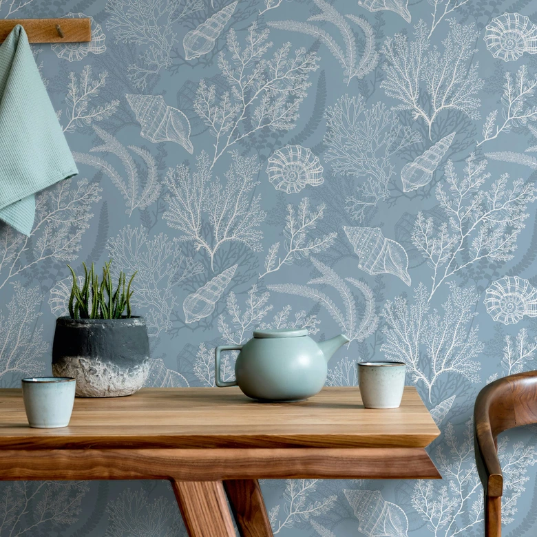 Papier peint intissé en blanc, bleu coquillages sous-marins graphique nature  