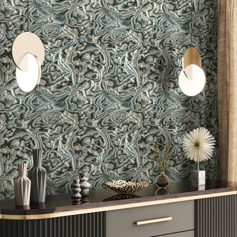 Papel pintado no tejido de color verde, gris, beige aspecto mármol piedra gráfico moderno  