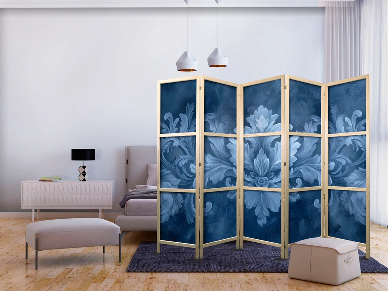 Japanischer Paravent, Raumteiler freistehend, Trennwand - Ornament in Blue: Dark Blue Decoration 