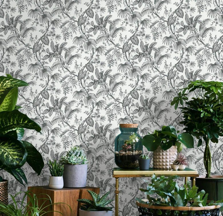 Vliestapete mit Pflanzen im Dschungel-Style weiß, schwarz Floral 