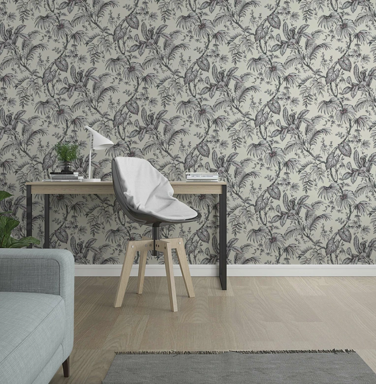 Vliestapete mit Pflanzen im Dschungel-Style beige, schwarz Floral 
