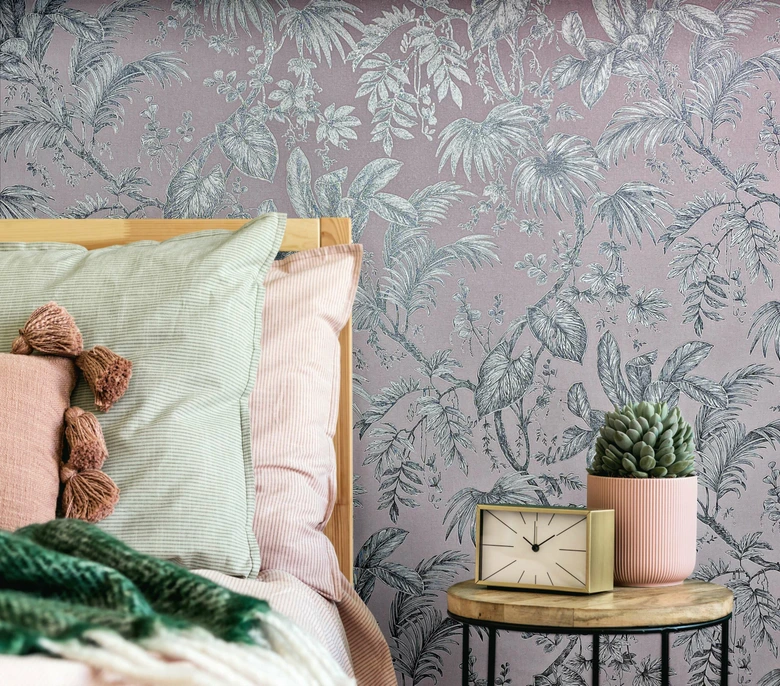 Vliestapete mit Pflanzen im Dschungel-Style rosa, silber Floral 