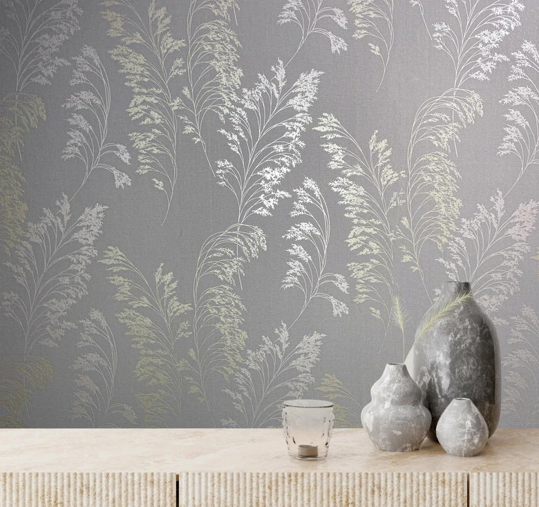 Vliestapete mit sanftem Blattmotiv grau, pearl Floral 