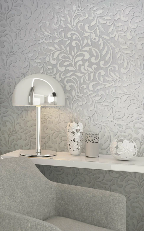 Vliestapete mit abstraktem Blattmotiv und linierter Struktur grau, pearl Grafisch 