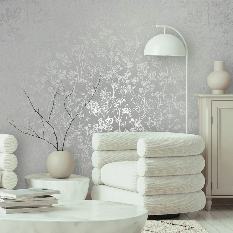 Papier peint intissé blanc motif feuilles floral nature  