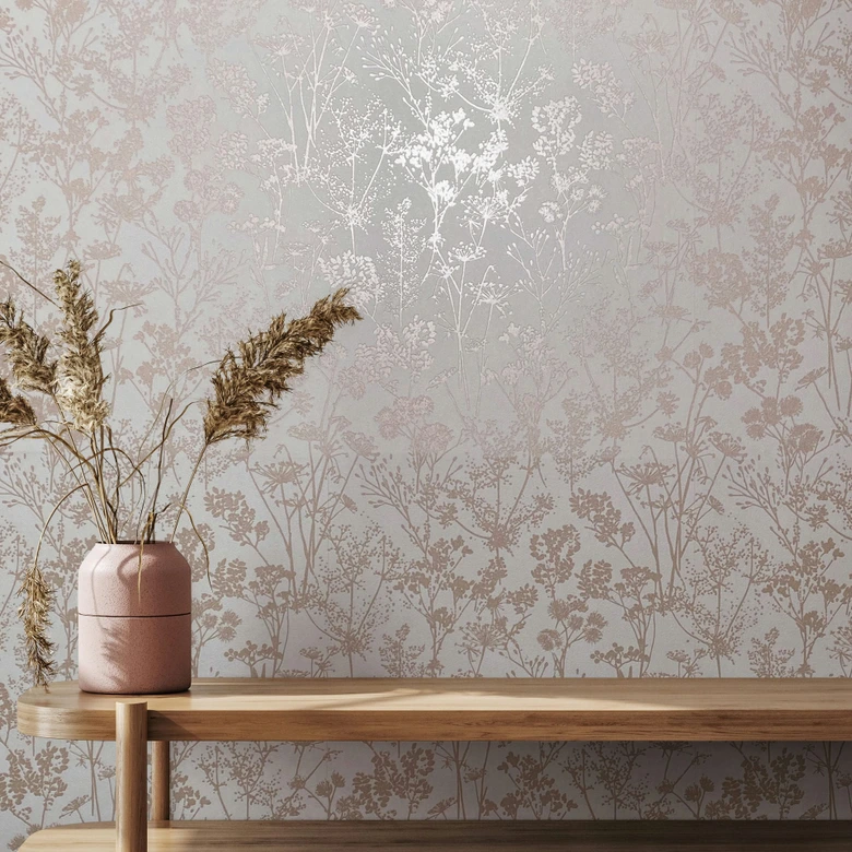 Papier peint intissé en blanc, beige motif feuilles floral nature  